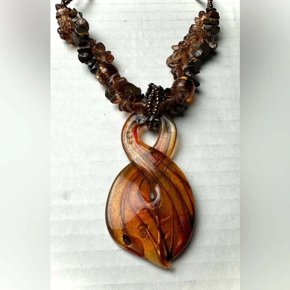 Vintage Murano Amber Twisted Glass Chunky Pendant Necklace‎ Stone Beads Bohemian